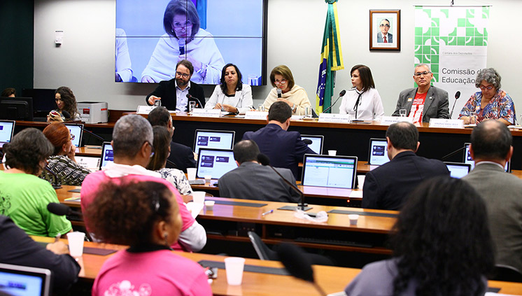 A secretária executiva Maria Helena (que aparece na tela) acredita que ajustes poderão levar ao aumento de recursos para o Fundeb (Foto: Antonio Augusto/Câmara dos Deputados)